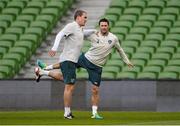 14 October 2013; Republic of Ireland's Richard Dunne, left, and Robbie Keane during squad training ahead of their 2014 FIFA World Cup Qualifier, Group C, game against Kazakhstan on Tuesday. Republic of Ireland Squad Training, Aviva Stadium, Lansdowne Road, Dublin. Picture credit: David Maher / SPORTSFILE