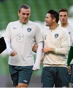 14 October 2013; Republic of Ireland's Robbie Keane, right, and Richard Dunne during squad training ahead of their 2014 FIFA World Cup Qualifier, Group C, game against Kazakhstan on Tuesday. Republic of Ireland Squad Training, Aviva Stadium, Lansdowne Road, Dublin. Picture credit: David Maher / SPORTSFILE