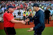 21 June 2025; Dublin manager Dessie Farrell, right, shakes hands with Cork manager John Cleary after the GAA Football All-Ireland Senior Championship preliminary quarter-final match between Dublin and Cork at Croke Park in Dublin. Photo by Ramsey Cardy/Sportsfile