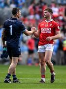 21 June 2025; Dublin goalkeeper Stephen Cluxton shakes hands with Cathail O'Mahony of Cork after the GAA Football All-Ireland Senior Championship preliminary quarter-final match between Dublin and Cork at Croke Park in Dublin. Photo by Daire Brennan/Sportsfile