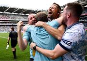 21 June 2025; Dublin manager Niall Ó Ceallacháin, centre, celebrates with selectors Donal McGovern, left, and David Curtin after the GAA Hurling All-Ireland Senior Championship quarter-final match between Dublin and Limerick at Croke Park in Dublin. Photo by Ramsey Cardy/Sportsfile