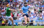 21 June 2025; Ronan Hayes of Dublin in action against Adam English of Limerick during the GAA Hurling All-Ireland Senior Championship quarter-final match between Dublin and Limerick at Croke Park in Dublin. Photo by Ramsey Cardy/Sportsfile