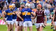 21 June 2025; Bryan O'Mara of Tipperary with Cathal Mannion and Conor Whelan of Galway after the GAA Hurling All-Ireland Senior Championship quarter-final match between Galway and Tipperary at TUS Gaelic Grounds in Limerick. Photo by Ray McManus/Sportsfile