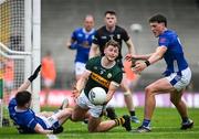 21 June 2025; Seán O'Brien of Kerry in action against Niall Carolan and Evan Crowe of Cavan during the GAA Football All-Ireland Senior Championship preliminary quarter-final match between Kerry and Cavan at Fitzgerald Stadium in Killarney, Kerry. Photo by Brendan Moran/Sportsfile