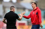 13 June 2025; Sean Boyd of Shelbourne, right, and Shamrock Rovers strength and conditioning coach Darren Dillon before the SSE Airtricity Men's Premier Division match between Shelbourne and Shamrock Rovers at Tolka Park in Dublin. Photo by Stephen McCarthy/Sportsfile