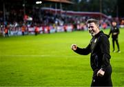 13 June 2025; Shamrock Rovers manager Stephen Bradley celebrates after the SSE Airtricity Men's Premier Division match between Shelbourne and Shamrock Rovers at Tolka Park in Dublin. Photo by Stephen McCarthy/Sportsfile