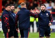13 June 2025; Shelbourne equipment manager Karl Watson and manager Damien Duff before the SSE Airtricity Men's Premier Division match between Shelbourne and Shamrock Rovers at Tolka Park in Dublin. Photo by Stephen McCarthy/Sportsfile