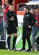 13 June 2025; Fourth official Alan Patchell and Shamrock Rovers manager Stephen Bradley during the SSE Airtricity Men's Premier Division match between Shelbourne and Shamrock Rovers at Tolka Park in Dublin. Photo by Stephen McCarthy/Sportsfile