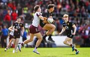 22 June 2025; Pierce Laverty of Down in action against Robert Finnerty of Galway during the GAA Football All-Ireland Senior Championship preliminary quarter-final match between Down and Galway at Páirc Esler in Newry, Down. Photo by Ben McShane/Sportsfile