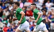 22 June 2025; Danny Neville of Limerick, right, after scoring his side's first goal during the Tailteann Cup semi-final match between Wicklow and Limerick at Croke Park in Dublin. Photo by Piaras Ó Mídheach/Sportsfile