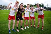 22 June 2025; Tyrone players, from left, Thomas Meenan, goalkeeper Ronan Donnelly, Elliott Kerr, Ciarán McCrystal and Pádraig Goodman celebrate after their side's victory in the Electric Ireland GAA Football All-Ireland Minor Championship semi-final match between Tyrone and Roscommon at Kingspan Breffni in Cavan. Photo by Seb Daly/Sportsfile