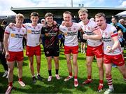 22 June 2025; Tyrone players, from left, Peter Coltan, Aodhan Quinn, goalkeeper Ronan Donnelly, Darren McAnespie, Pádraig Goodman and James Daly after their side's victory in the Electric Ireland GAA Football All-Ireland Minor Championship semi-final match between Tyrone and Roscommon at Kingspan Breffni in Cavan. Photo by Seb Daly/Sportsfile