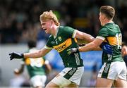 22 June 2025; Maidhc Ó Sé of Kerry, left, celebrates with teammate Ben Kelliher, after scoring their side's first goal during the Electric Ireland GAA Football All-Ireland Minor Championship semi-final match between Kerry and Mayo at Zimmer Biomet Páirc Chíosóg in Ennis, Clare. Photo by Brendan Moran/Sportsfile