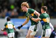 22 June 2025; Maidhc Ó Sé of Kerry, left, celebrates with teammate Ben Kelliher, after scoring their side's first goal during the Electric Ireland GAA Football All-Ireland Minor Championship semi-final match between Kerry and Mayo at Zimmer Biomet Páirc Chíosóg in Ennis, Clare. Photo by Brendan Moran/Sportsfile