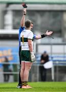 22 June 2025; Kerry goalkeeper Ruairí Kennedy  is shown a black card by referee Conor Dourneen during the Electric Ireland GAA Football All-Ireland Minor Championship semi-final match between Kerry and Mayo at Zimmer Biomet Páirc Chíosóg in Ennis, Clare. Photo by Brendan Moran/Sportsfile