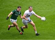 22 June 2025; Ryan Sinkey of Kildare in action against Luke Flanagan of Fermanagh during the Tailteann Cup semi-final match between Kildare and Fermanagh at Croke Park in Dublin. Photo by Piaras Ó Mídheach/Sportsfile