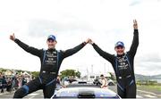 22 June 2025; Noel O'Sullivan, left, and Callum Devine celebrate after winning the Donegal International Rally in their Skoda Fabia RS during day three of the Wilton Recycling Donegal International Rally at Letterkenny in Donegal. Photo by Philip Fitzpatrick/Sportsfile