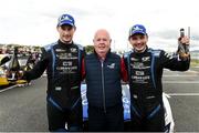 22 June 2025; Noel O'Sullivan, left, and Callum Devine, right, celebrate after winning the Donegal International Rally in their Skoda Fabia RS with Motorsport Ireland President Aiden Harper during day three of the Wilton Recycling Donegal International Rally at Letterkenny in Donegal. Photo by Philip Fitzpatrick/Sportsfile