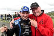 22 June 2025; Callum Devine and Andrew Nesbitt at the finish of the Donegal International Rally during day three of the Wilton Recycling Donegal International Rally at Letterkenny in Donegal. Photo by Philip Fitzpatrick/Sportsfile