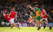 22 June 2025; Ciaran Thompson of Donegal scores his side's second goal during the GAA Football All-Ireland Senior Championship preliminary quarter-final match between Donegal and Louth at MacCumhaill Park in Ballybofey, Donegal. Photo by Ramsey Cardy/Sportsfile