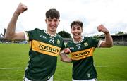 22 June 2025; Brian Mangan, left, and Marcus Clifford of Kerry celebrate after the Electric Ireland GAA Football All-Ireland Minor Championship semi-final match between Kerry and Mayo at Zimmer Biomet Páirc Chíosóg in Ennis, Clare. Photo by Brendan Moran/Sportsfile