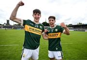 22 June 2025; Brian Mangan, left, and Marcus Clifford of Kerry celebrate after the Electric Ireland GAA Football All-Ireland Minor Championship semi-final match between Kerry and Mayo at Zimmer Biomet Páirc Chíosóg in Ennis, Clare. Photo by Brendan Moran/Sportsfile
