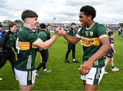 22 June 2025; Tadhg Ó Slatara, left, and Alex Tuohy of Kerry celebrate after the Electric Ireland GAA Football All-Ireland Minor Championship semi-final match between Kerry and Mayo at Zimmer Biomet Páirc Chíosóg in Ennis, Clare. Photo by Brendan Moran/Sportsfile