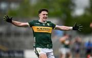 22 June 2025; Gearóid White of Kerry celebrates at the final whistle of the Electric Ireland GAA Football All-Ireland Minor Championship semi-final match between Kerry and Mayo at Zimmer Biomet Páirc Chíosóg in Ennis, Clare. Photo by Brendan Moran/Sportsfile