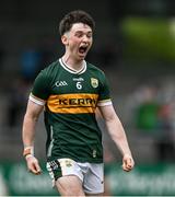 22 June 2025; David Sargent of Kerry celebrates at the final whistle of the Electric Ireland GAA Football All-Ireland Minor Championship semi-final match between Kerry and Mayo at Zimmer Biomet Páirc Chíosóg in Ennis, Clare. Photo by Brendan Moran/Sportsfile