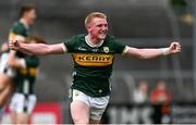 22 June 2025; John Curtin of Kerry celebrates at the final whistle of the Electric Ireland GAA Football All-Ireland Minor Championship semi-final match between Kerry and Mayo at Zimmer Biomet Páirc Chíosóg in Ennis, Clare. Photo by Brendan Moran/Sportsfile