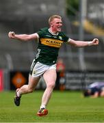22 June 2025; John Curtin of Kerry celebrates at the final whistle of the Electric Ireland GAA Football All-Ireland Minor Championship semi-final match between Kerry and Mayo at Zimmer Biomet Páirc Chíosóg in Ennis, Clare. Photo by Brendan Moran/Sportsfile