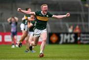 22 June 2025; John Curtin of Kerry celebrates at the final whistle of the Electric Ireland GAA Football All-Ireland Minor Championship semi-final match between Kerry and Mayo at Zimmer Biomet Páirc Chíosóg in Ennis, Clare. Photo by Brendan Moran/Sportsfile