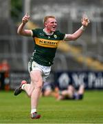 22 June 2025; John Curtin of Kerry celebrates at the final whistle of the Electric Ireland GAA Football All-Ireland Minor Championship semi-final match between Kerry and Mayo at Zimmer Biomet Páirc Chíosóg in Ennis, Clare. Photo by Brendan Moran/Sportsfile