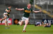 22 June 2025; John Curtin of Kerry celebrates at the final whistle of the Electric Ireland GAA Football All-Ireland Minor Championship semi-final match between Kerry and Mayo at Zimmer Biomet Páirc Chíosóg in Ennis, Clare. Photo by Brendan Moran/Sportsfile