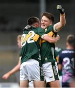 22 June 2025; Gearóid White, right, and Conor McGibney of Kerry celebrate at the final whistle of the Electric Ireland GAA Football All-Ireland Minor Championship semi-final match between Kerry and Mayo at Zimmer Biomet Páirc Chíosóg in Ennis, Clare. Photo by Brendan Moran/Sportsfile