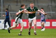 22 June 2025; Nick Lacey, left, and John Curtin of Kerry celebrate at the final whistle of the Electric Ireland GAA Football All-Ireland Minor Championship semi-final match between Kerry and Mayo at Zimmer Biomet Páirc Chíosóg in Ennis, Clare. Photo by Brendan Moran/Sportsfile