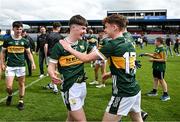 22 June 2025; Tadhg Ó Slatara, left, and Nick Lacey of Kerry celebrate after the Electric Ireland GAA Football All-Ireland Minor Championship semi-final match between Kerry and Mayo at Zimmer Biomet Páirc Chíosóg in Ennis, Clare. Photo by Brendan Moran/Sportsfile