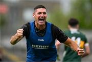 22 June 2025; Kerry manager Wayne Quillinan celebrates after the Electric Ireland GAA Football All-Ireland Minor Championship semi-final match between Kerry and Mayo at Zimmer Biomet Páirc Chíosóg in Ennis, Clare. Photo by Brendan Moran/Sportsfile