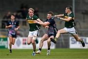 22 June 2025; Ryan O’Donnell of Mayo in action against Maidhc Ó Sé, left, and Mark O’Carroll of Kerry during the Electric Ireland GAA Football All-Ireland Minor Championship semi-final match between Kerry and Mayo at Zimmer Biomet Páirc Chíosóg in Ennis, Clare. Photo by Brendan Moran/Sportsfile