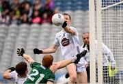 22 June 2025; Brian Byrne of Kildare clears the ball close to his own goal line during the Tailteann Cup semi-final match between Kildare and Fermanagh at Croke Park in Dublin. Photo by Piaras Ó Mídheach/Sportsfile