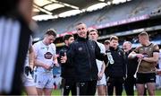 22 June 2025; Kildare manager Brian Flanagan speaking to his players after their side's victory in the Tailteann Cup semi-final match between Kildare and Fermanagh at Croke Park in Dublin. Photo by Piaras Ó Mídheach/Sportsfile