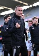 22 June 2025; Kildare manager Brian Flanagan speaking to his players after their side's victory in the Tailteann Cup semi-final match between Kildare and Fermanagh at Croke Park in Dublin. Photo by Piaras Ó Mídheach/Sportsfile
