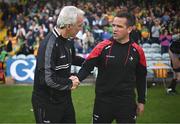22 June 2025; Donegal manager Jim McGuinness, left, shakes hands with Louth manager Ger Brennan after the GAA Football All-Ireland Senior Championship preliminary quarter-final match between Donegal and Louth at MacCumhaill Park in Ballybofey, Donegal. Photo by Ramsey Cardy/Sportsfile