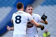 22 June 2025; Kildare players Brian McLoughlin, right, and Kevin Feely celebrate after their side's victory in the Tailteann Cup semi-final match between Kildare and Fermanagh at Croke Park in Dublin. Photo by Piaras Ó Mídheach/Sportsfile