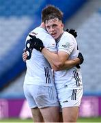 22 June 2025; Kildare players Brian McLoughlin, right, and Kevin Feely celebrate after their side's victory in the Tailteann Cup semi-final match between Kildare and Fermanagh at Croke Park in Dublin. Photo by Piaras Ó Mídheach/Sportsfile