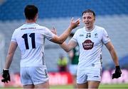 22 June 2025; Kildare players Brian McLoughlin, right, and Alex Beirne celebrate after their side's victory in the Tailteann Cup semi-final match between Kildare and Fermanagh at Croke Park in Dublin. Photo by Piaras Ó Mídheach/Sportsfile