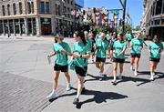 22 June 2025; Republic of Ireland's Abbie Larkin, left, and Megan Campbell during a team walk in Denver, ahead of their international friendly match against United States at Dick’s Sporting Goods Park in Colorado, USA, on Thursday. Photo by Stephen McCarthy/Sportsfile