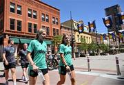 22 June 2025; Republic of Ireland's Hayley Nolan and Sophie Whitehouse, right, during a team walk in Denver, ahead of their international friendly match against United States at Dick’s Sporting Goods Park in Colorado, USA, on Thursday. Photo by Stephen McCarthy/Sportsfile