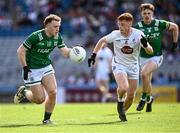 22 June 2025; Conor Love of Fermanagh in action against Harry O'Neill of Kildare during the Tailteann Cup semi-final match between Kildare and Fermanagh at Croke Park in Dublin. Photo by Piaras Ó Mídheach/Sportsfile