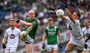 22 June 2025; Lee Cullen of Fermanagh has his shot blocked down by Tommy Gill of Kildare during the Tailteann Cup semi-final match between Kildare and Fermanagh at Croke Park in Dublin. Photo by Piaras Ó Mídheach/Sportsfile